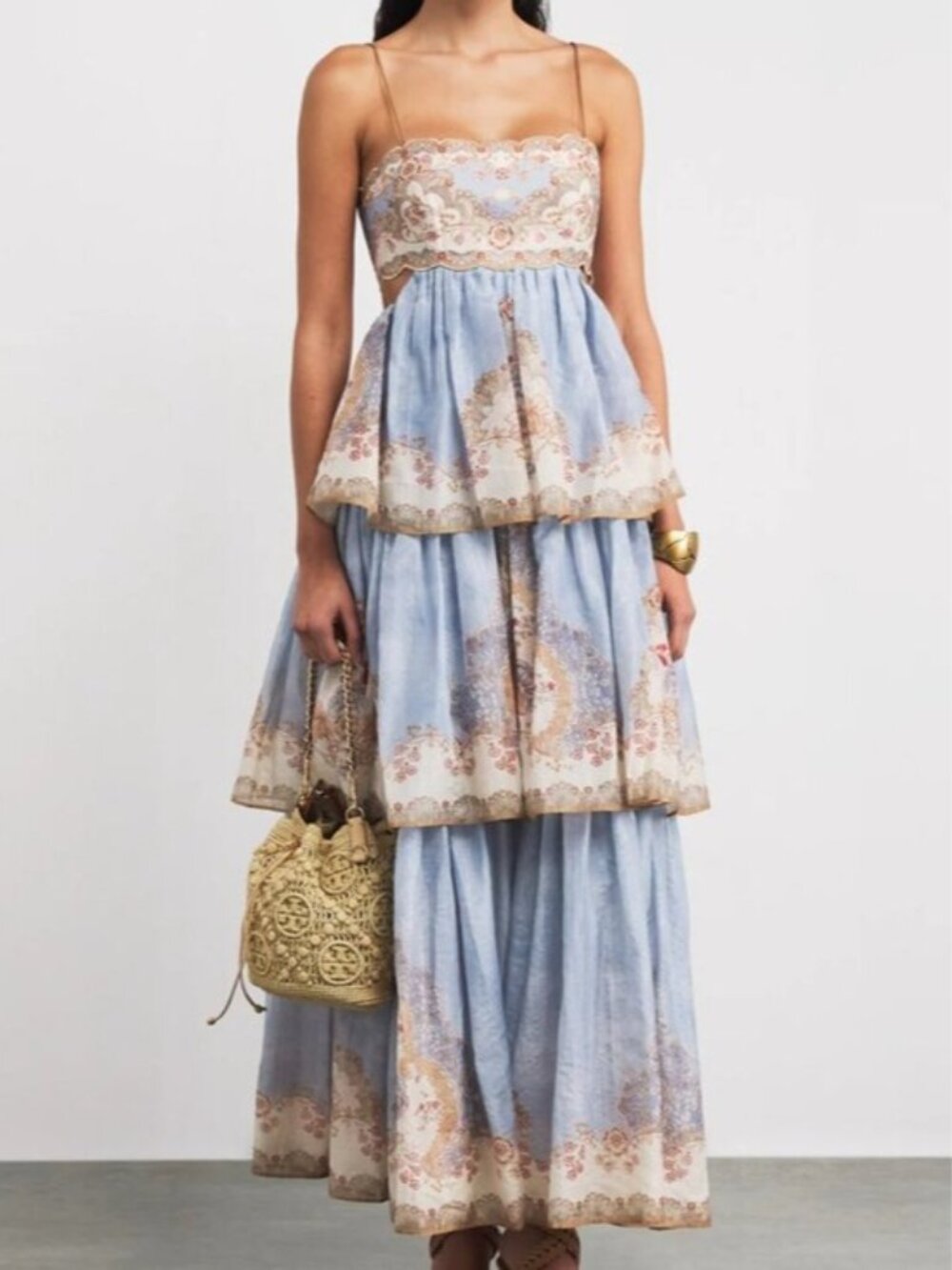 Zimmermann Sun Layered Floral Print Long-Sleeved Strapless Light Blue Dress